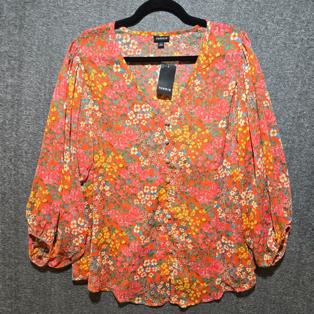 TORRID Orange Chiffon Lurex Button Up Balloon Sleeve Sheer Blouse Size 1X